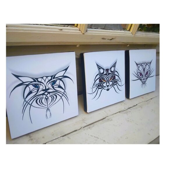 Tribal Cats (3 Panels) Original Art Giclee Canvas Wrap Prints - Picture 5 of 9
